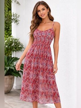 ✨Forever 21 Abstract Print Cami Midi Dress Plisse Milkmaid S